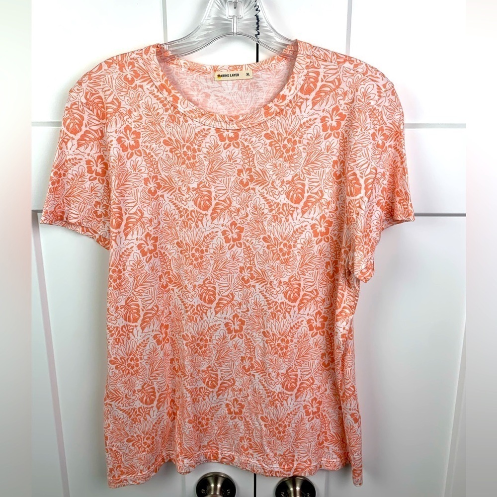 Marine Layer XL Short Sleeve Tee White Orange Floral Hawaiian Print
